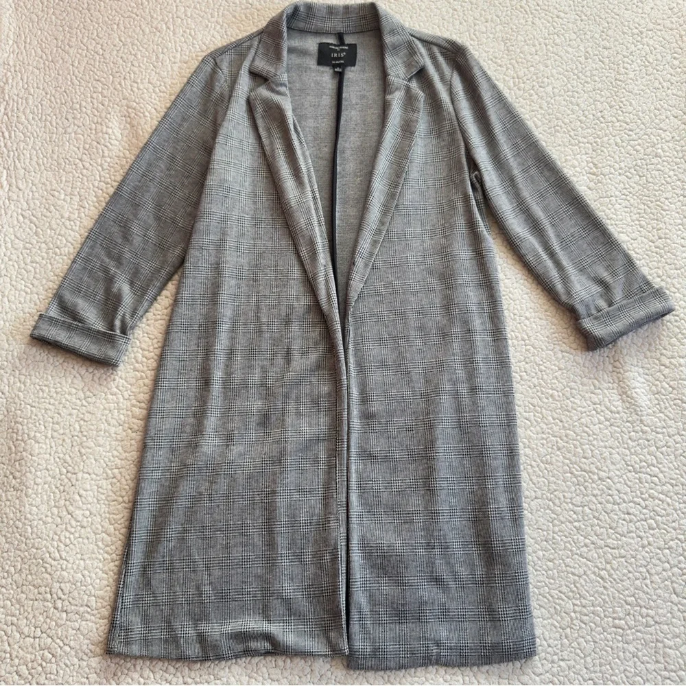 Iris Gray Plaid Longline Open Front Blazer Jacket Career Size M